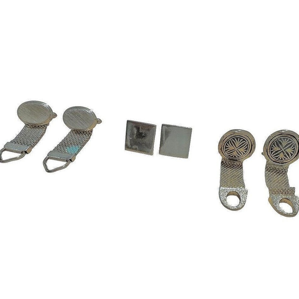 Vintage Cuff Links Set: Silver Tone, Mesh Design, Formal‎ Wear, Lot of 3